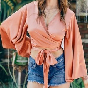 Satin Kimono Sleeve Wrap Top